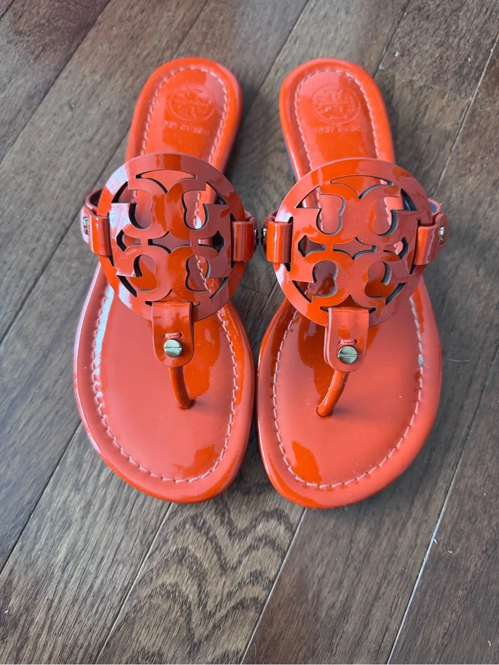 Tory Burch Orange Patent Miller Logo Thong Sandals